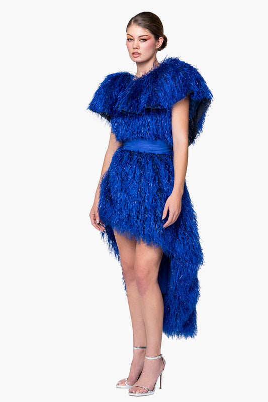 The Azure Blaze High-Low Feathered Gown Set