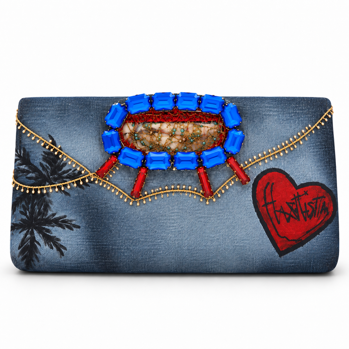 Embellished Denim Graffiti Clutch
