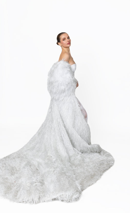 Ivory Mirage Gown & Feathered Cape Ensemble